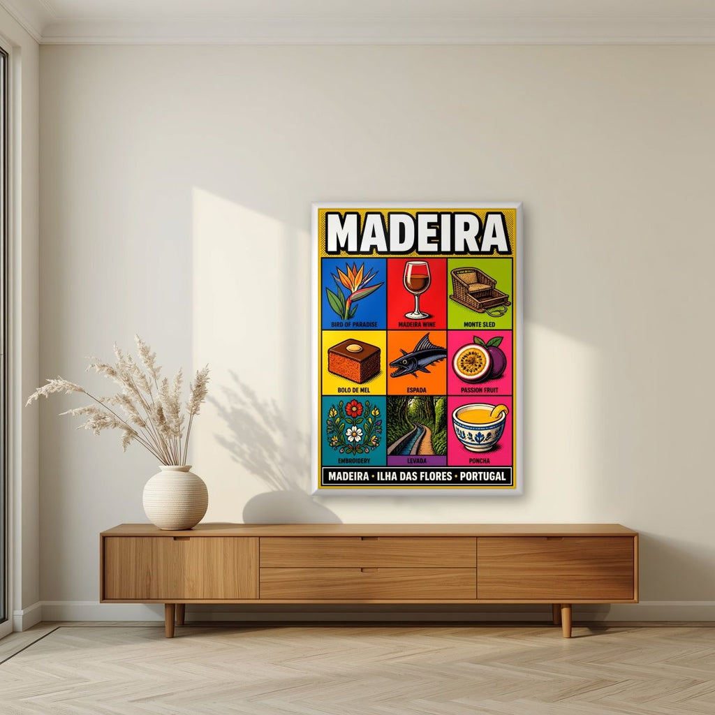 Nove Tesouros — Madeira art print, in a white frame, styled in a living room