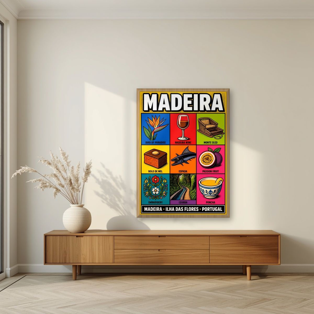 Nove Tesouros — Madeira art print, in an oak frame, styled in a living room