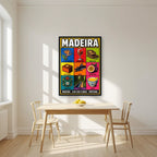 Nove Tesouros — Madeira art print, in a black frame, styled in a kitchen