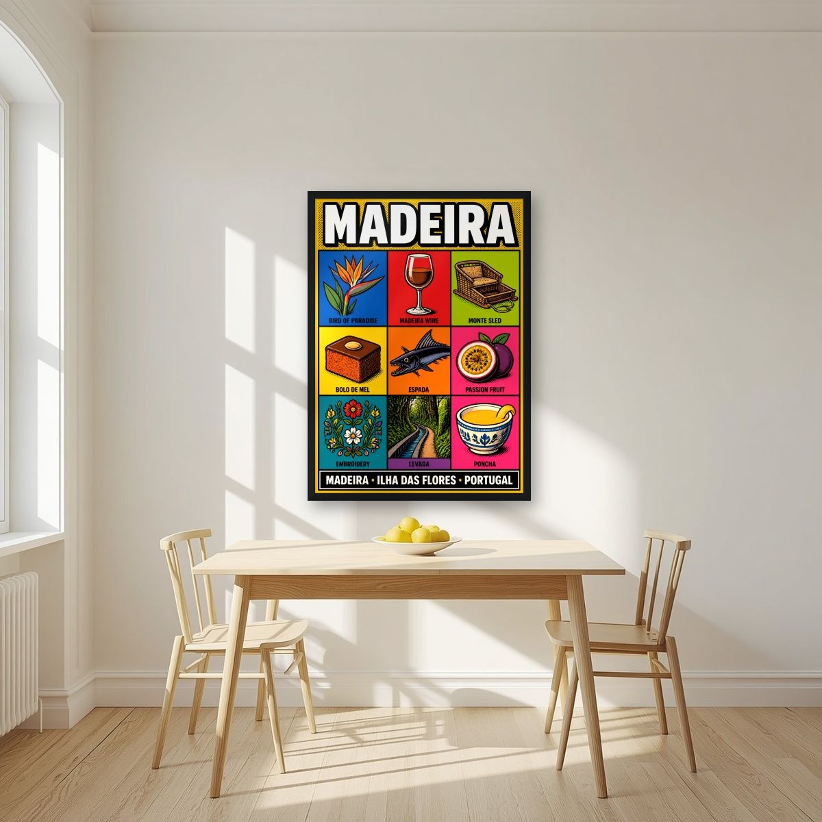 Nove Tesouros — Madeira art print, in a black frame, styled in a kitchen