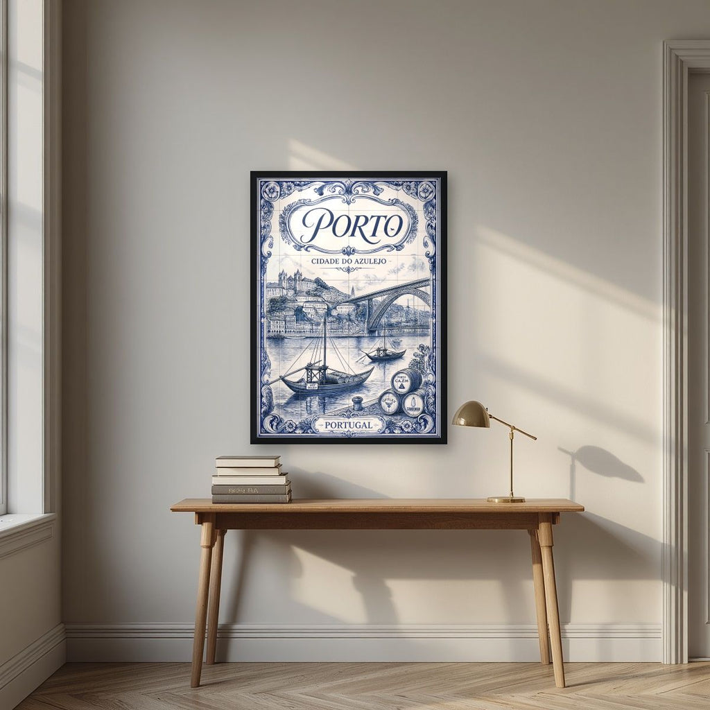 Azul e Branco — Porto art print, in a black frame, styled in a desk