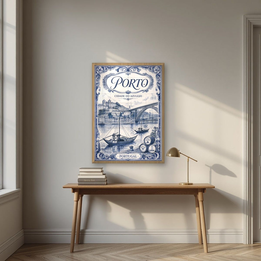 Azul e Branco — Porto art print, in an oak frame, styled in a desk