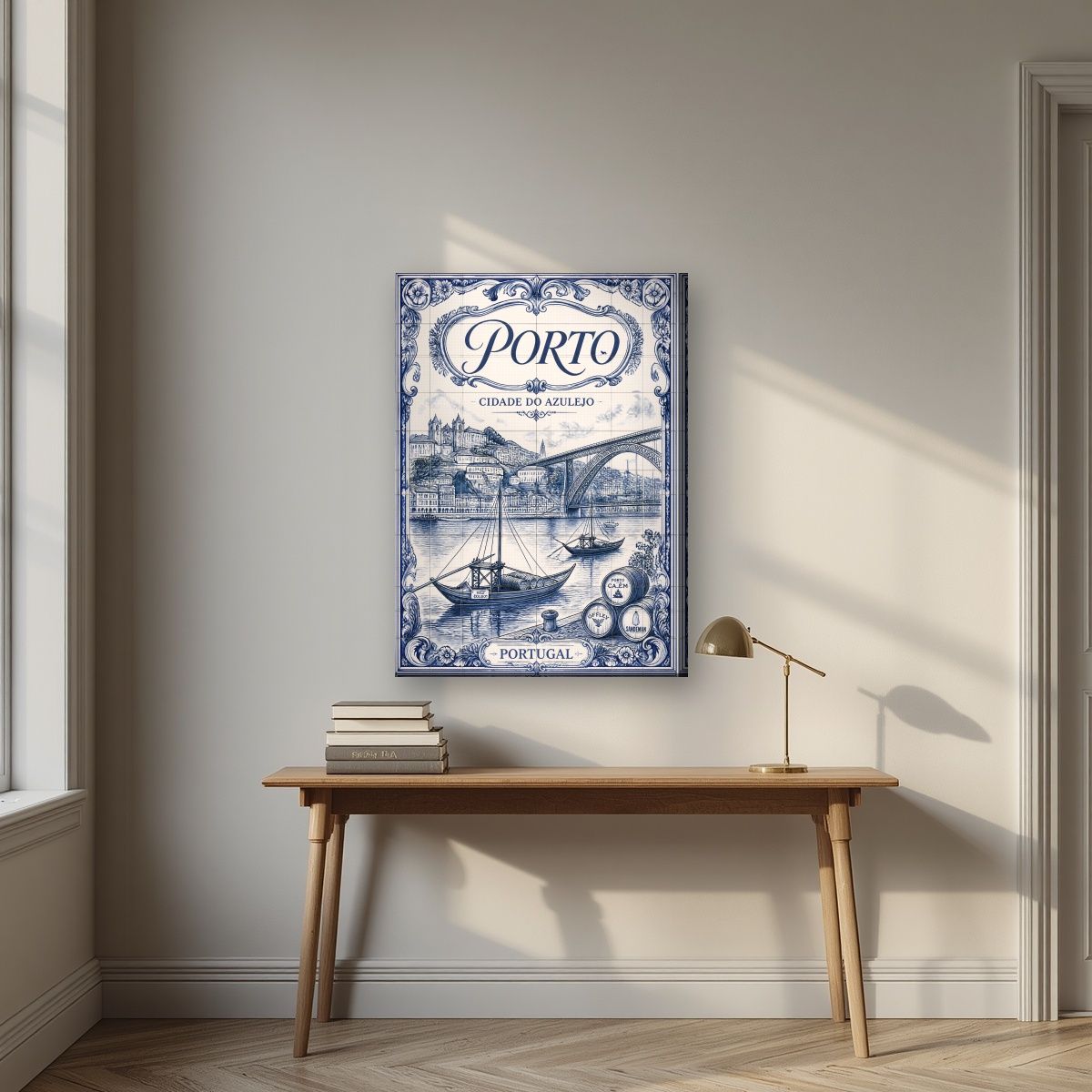 Azul e Branco — Porto art print, on slim canvas, styled in a desk