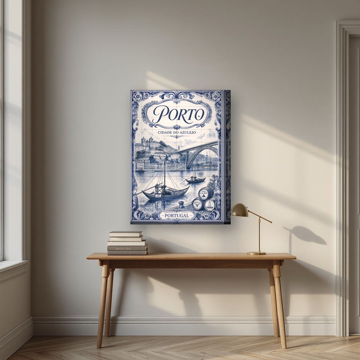 Azul e Branco — Porto art print, on thick canvas, styled in a desk