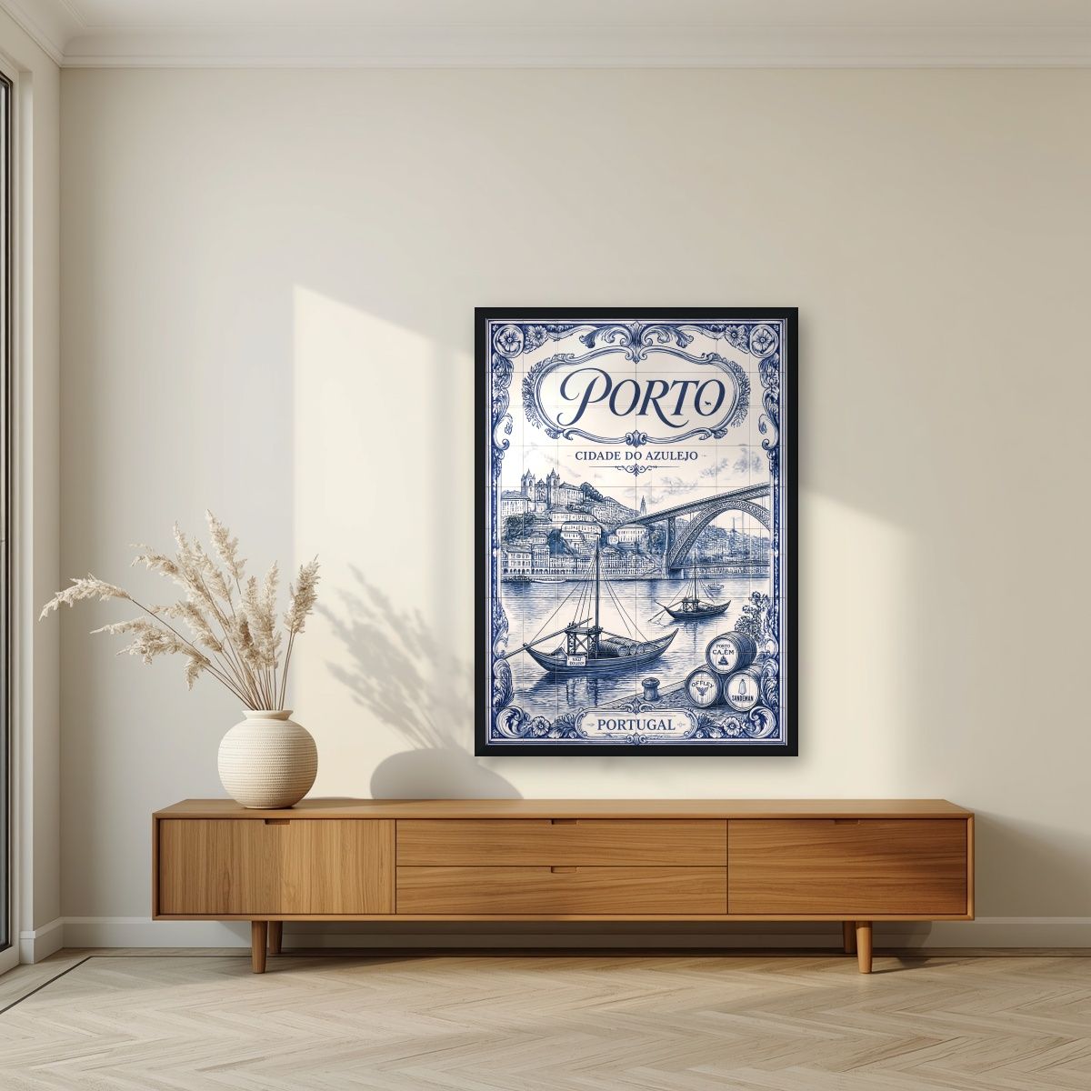 Azul e Branco — Porto art print, in a black frame, styled in a living room
