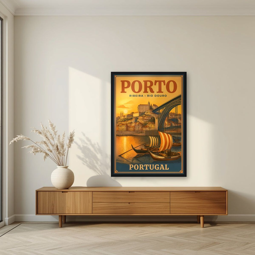 Barcos Rabelos — Porto art print, in a black frame, styled in a living room