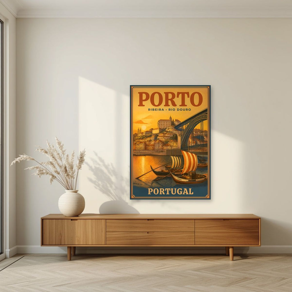 Barcos Rabelos — Porto art print, unframed poster, styled in a living room