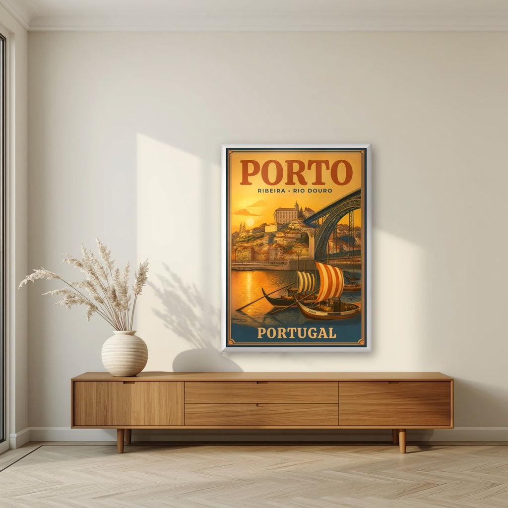 Barcos Rabelos — Porto art print, in a white frame, styled in a living room