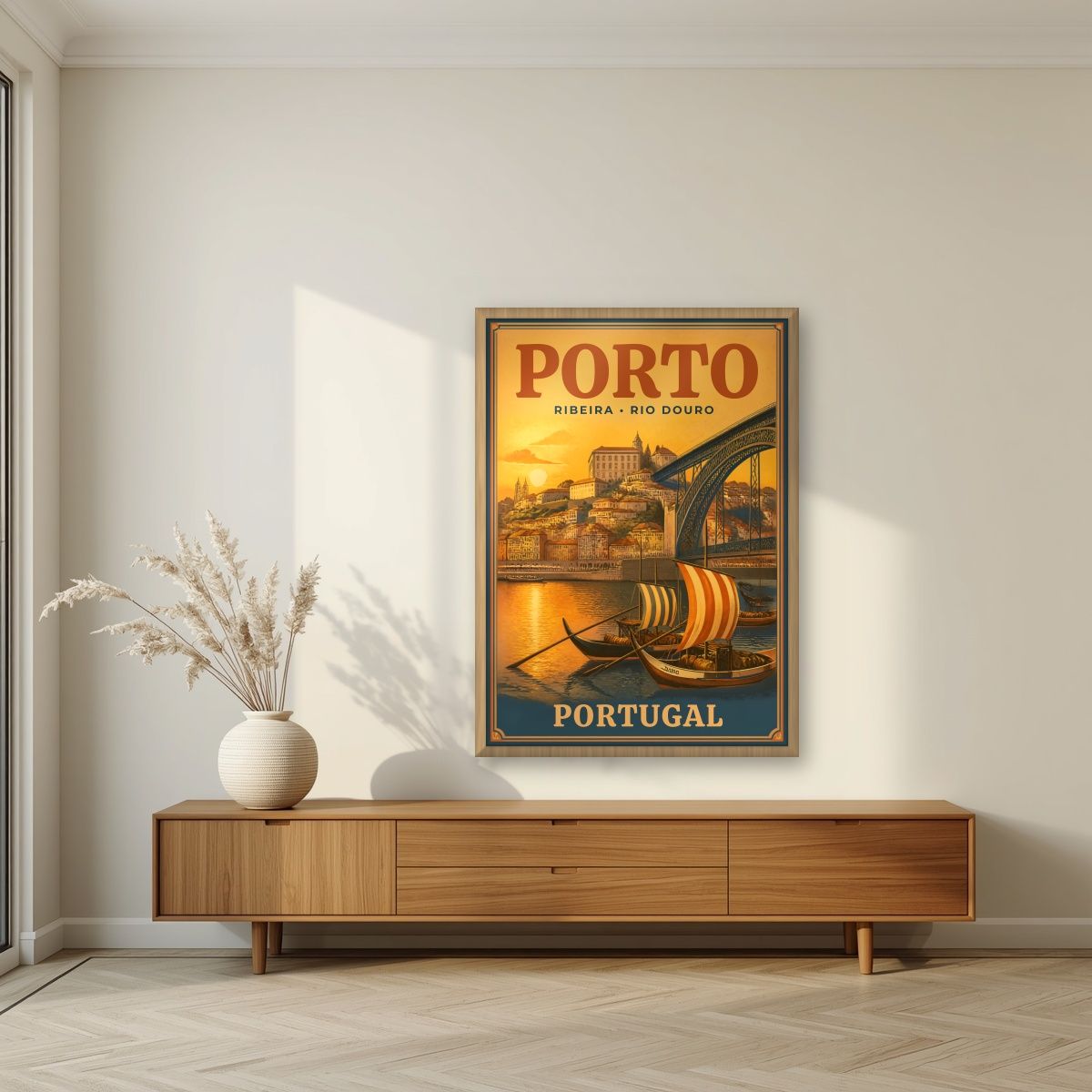 Barcos Rabelos — Porto art print, in an oak frame, styled in a living room