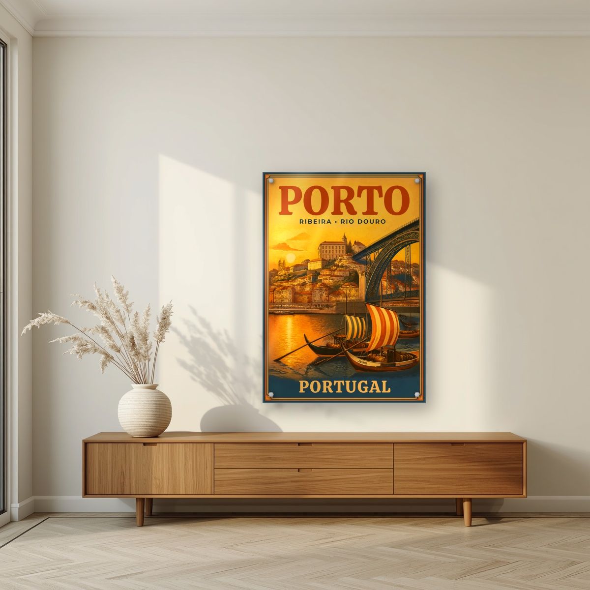 Barcos Rabelos — Porto art print, as an acrylic print, styled in a living room