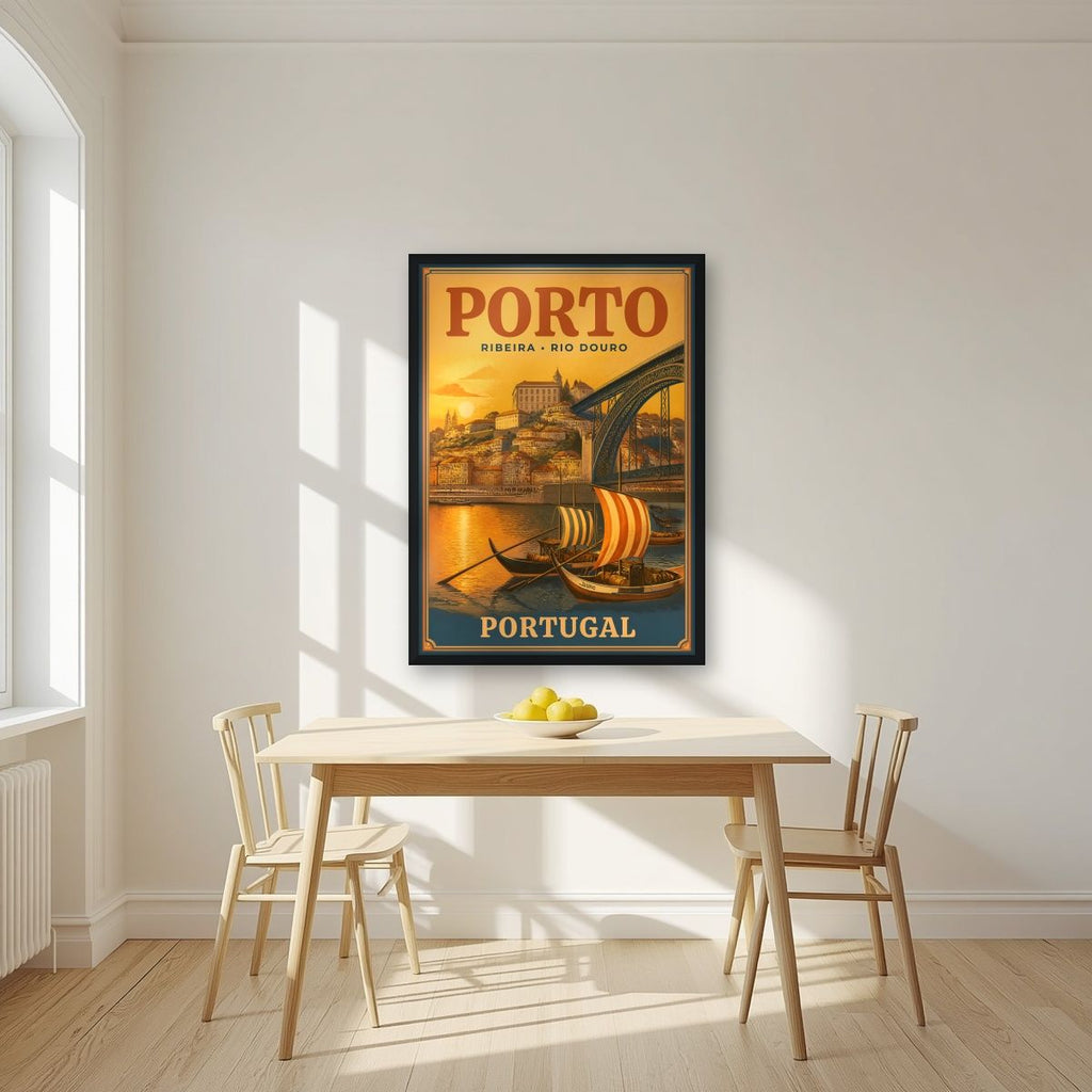 Barcos Rabelos — Porto art print, in a black frame, styled in a kitchen
