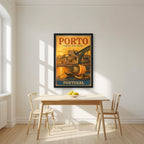 Barcos Rabelos — Porto art print, in a black frame, styled in a kitchen