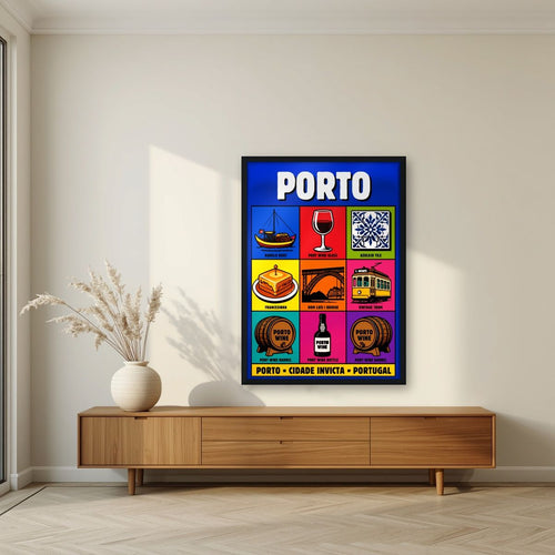 Cidade Invicta — Porto art print, in a black frame, styled in a living room