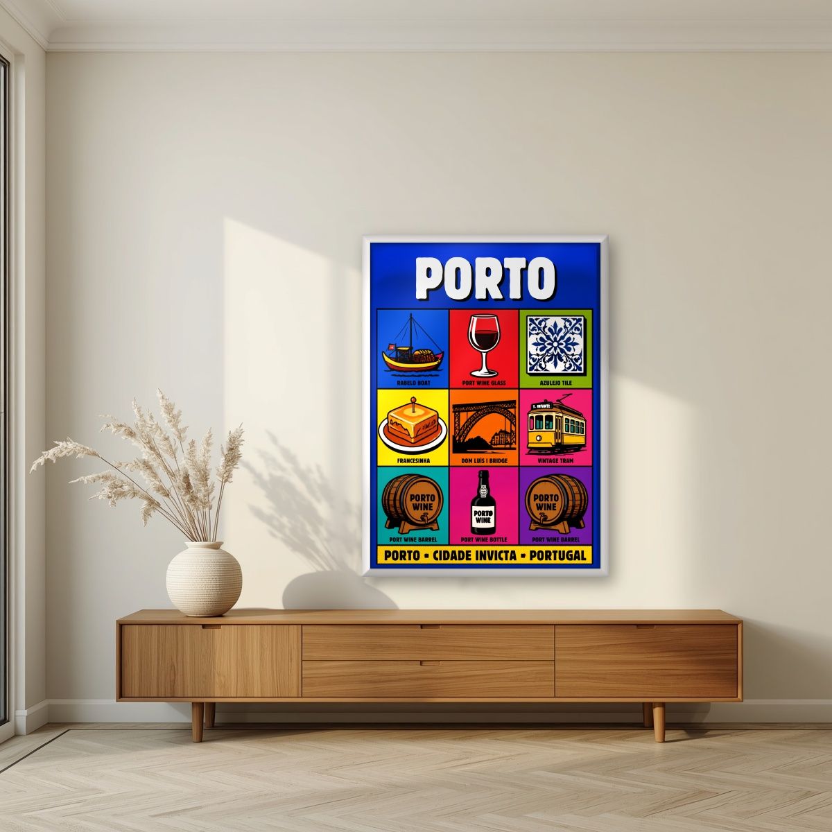 Cidade Invicta — Porto art print, in a white frame, styled in a living room