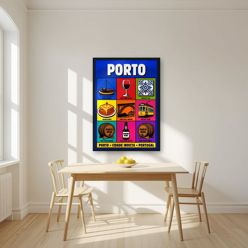 Cidade Invicta — Porto art print, in a black frame, styled in a kitchen