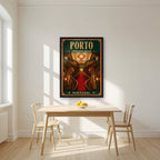 Escadaria Vermelha — Porto art print, in a black frame, styled in a kitchen