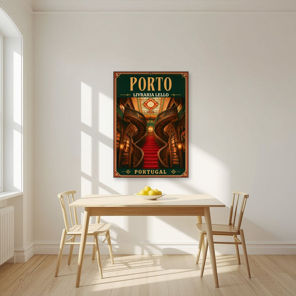 Escadaria Vermelha — Porto art print, unframed poster, styled in a kitchen