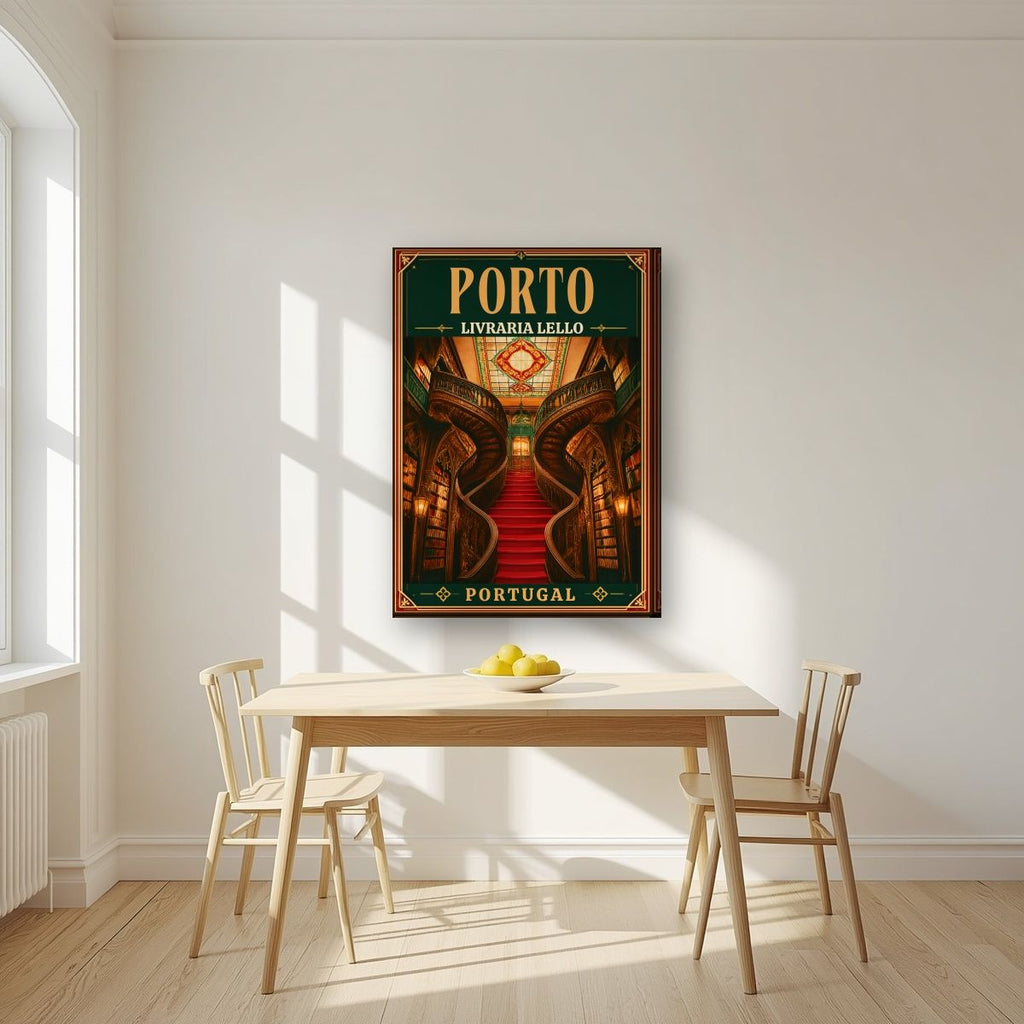 Escadaria Vermelha — Porto art print, on slim canvas, styled in a kitchen