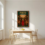 Escadaria Vermelha — Porto art print, on slim canvas, styled in a kitchen