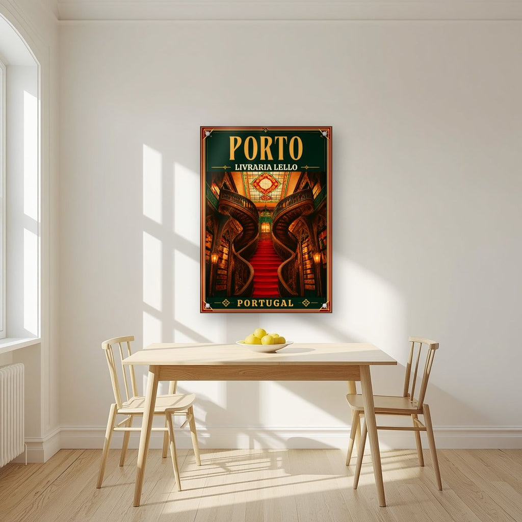 Escadaria Vermelha — Porto art print, as an acrylic print, styled in a kitchen