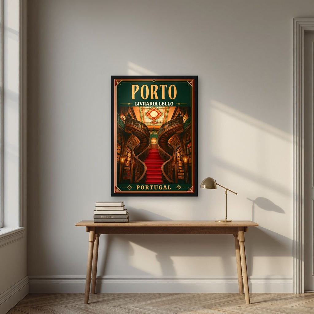 Escadaria Vermelha — Porto art print, in a black frame, styled in a desk