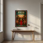 Escadaria Vermelha — Porto art print, in a black frame, styled in a desk