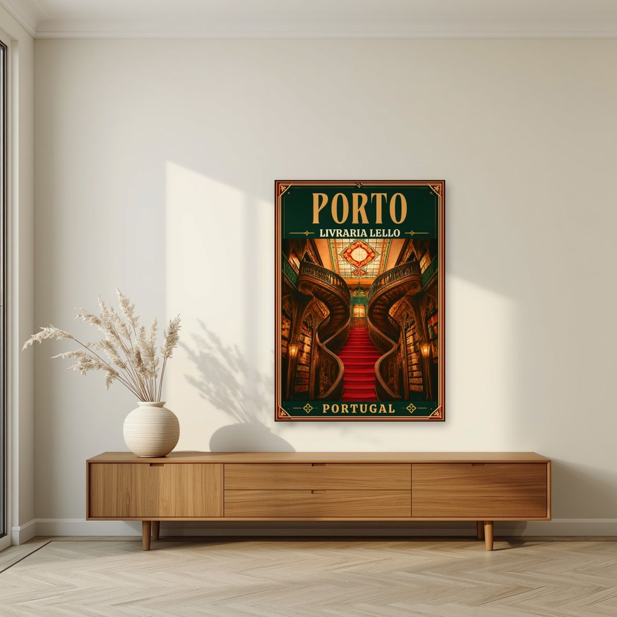 Escadaria Vermelha — Porto art print, unframed poster, styled in a living room