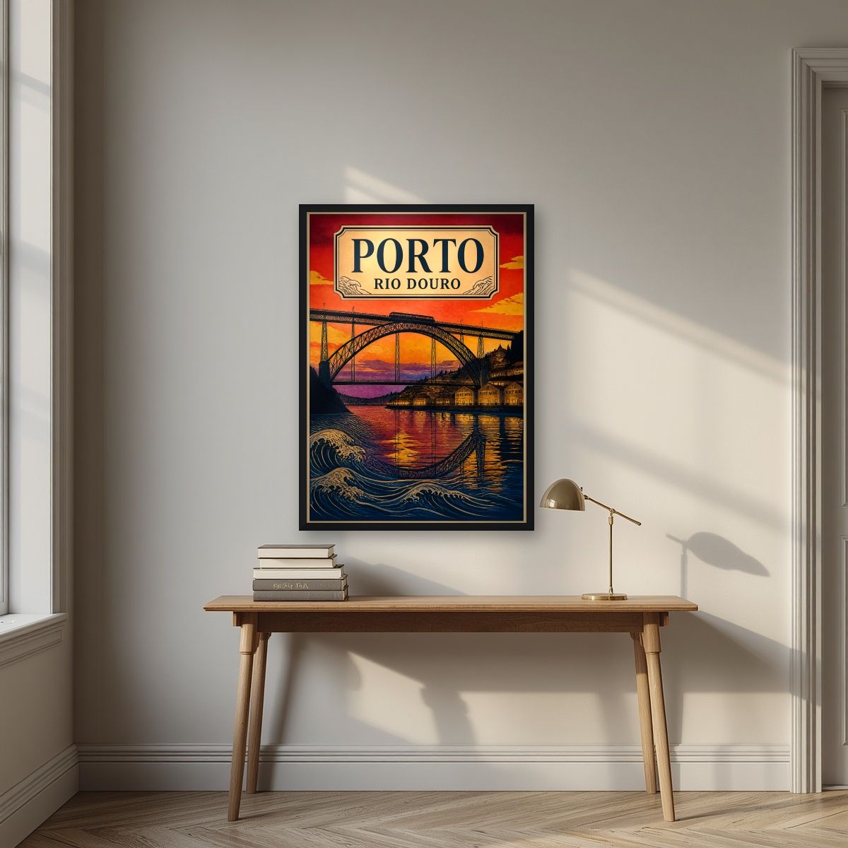 Por do Sol no Douro — Porto art print, in a black frame, styled in a desk