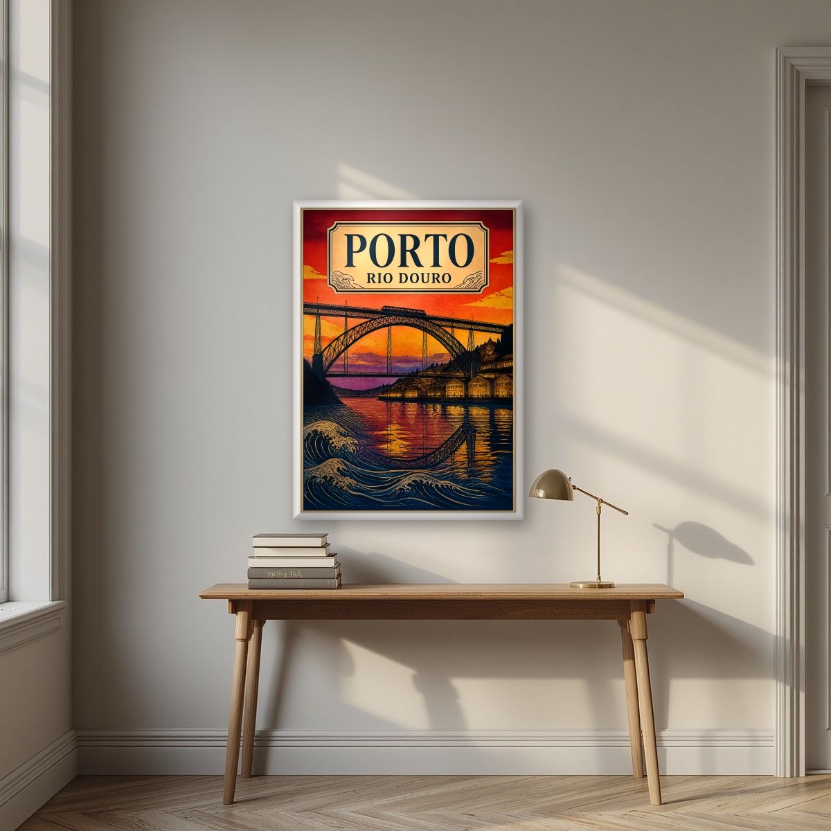 Por do Sol no Douro — Porto art print, in a white frame, styled in a desk