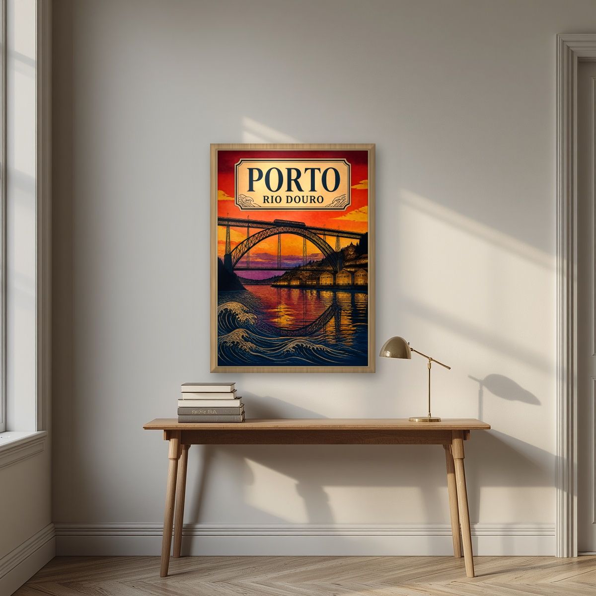 Por do Sol no Douro — Porto art print, in an oak frame, styled in a desk