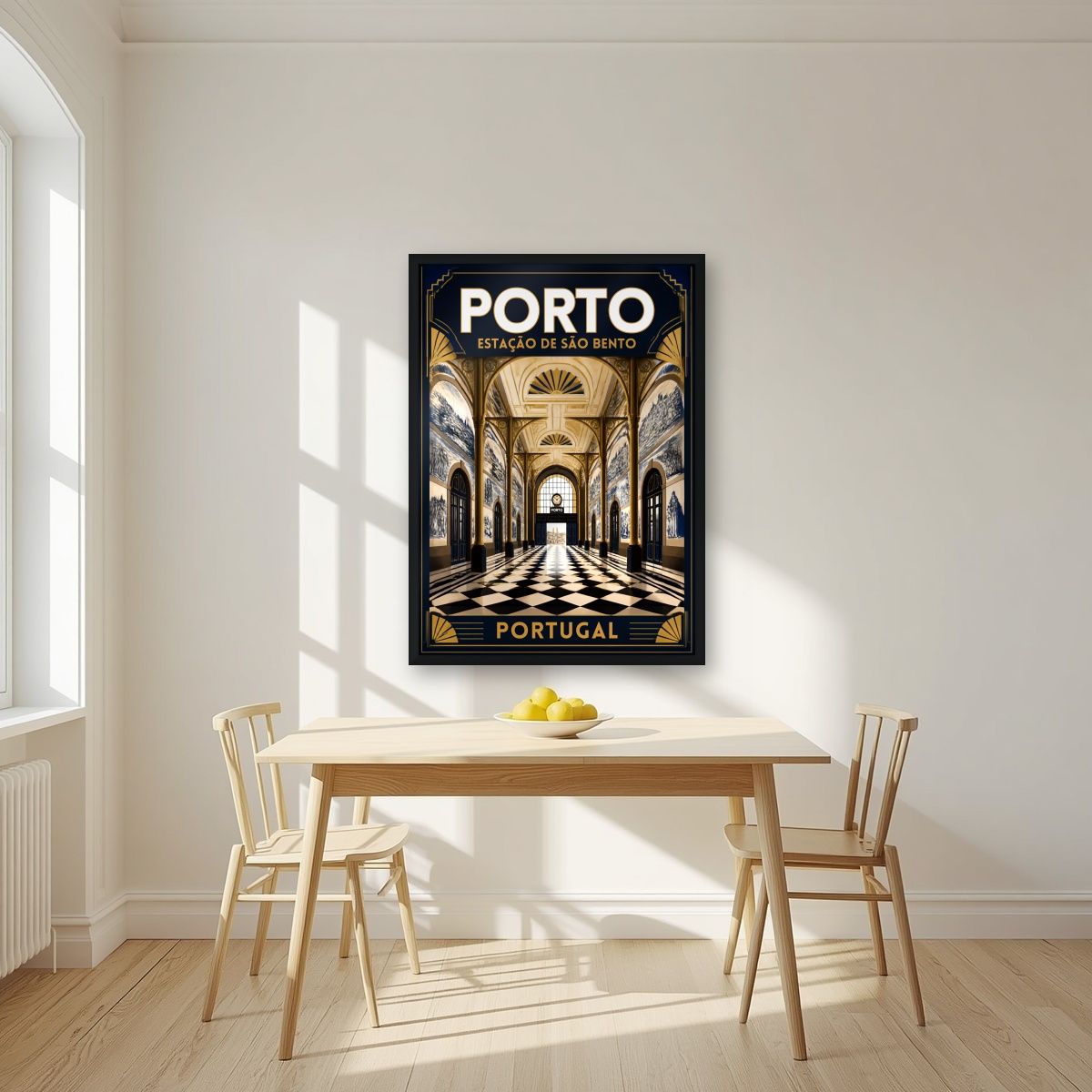 Salao de Sao Bento — Porto art print, in a black frame, styled in a kitchen