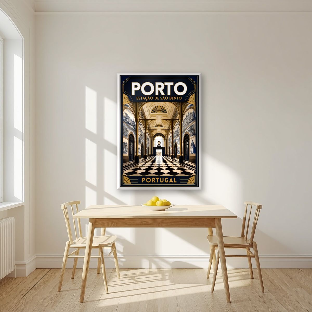 Salao de Sao Bento — Porto art print, in a white frame, styled in a kitchen