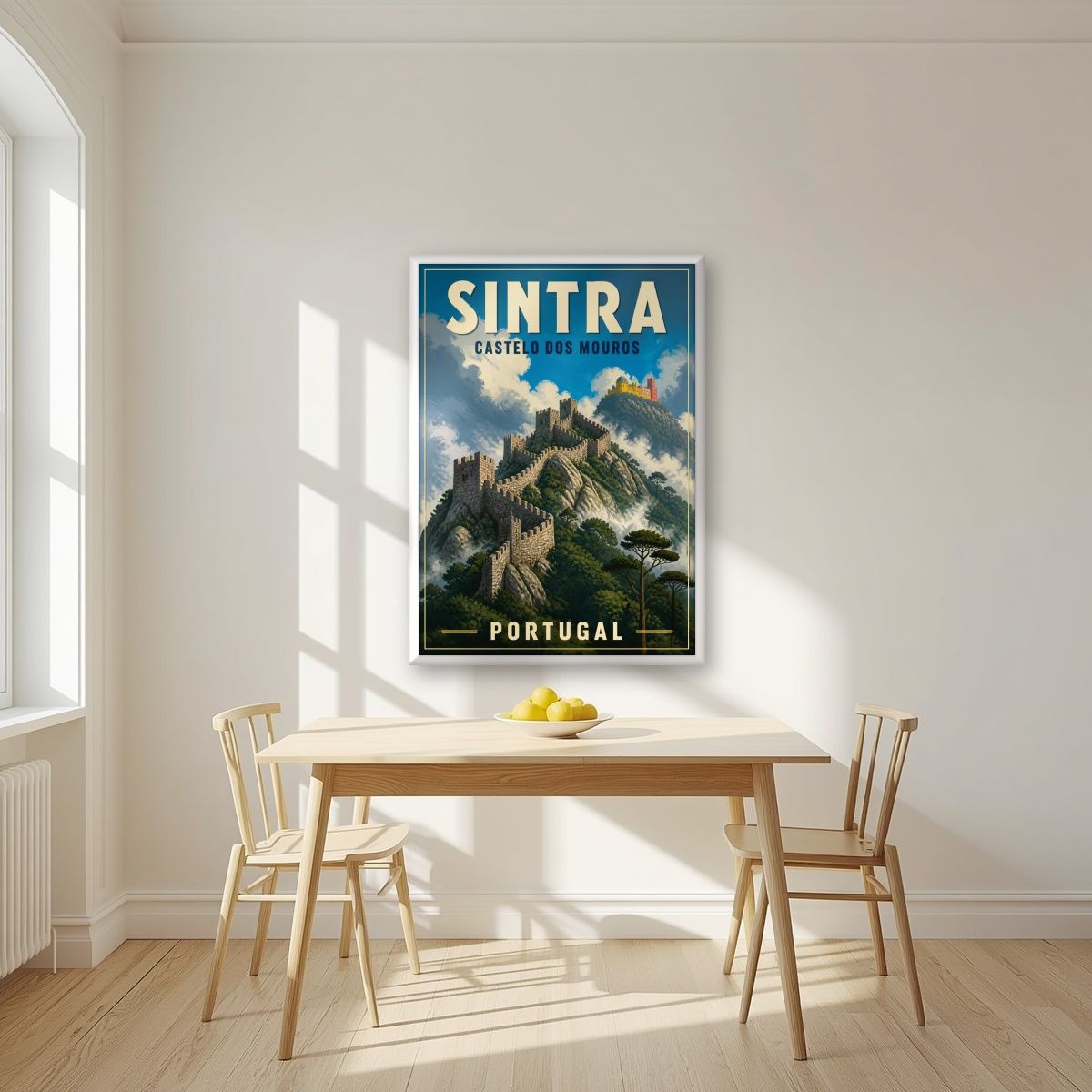 Castelo dos Mouros — Sintra art print, in a white frame, styled in a kitchen