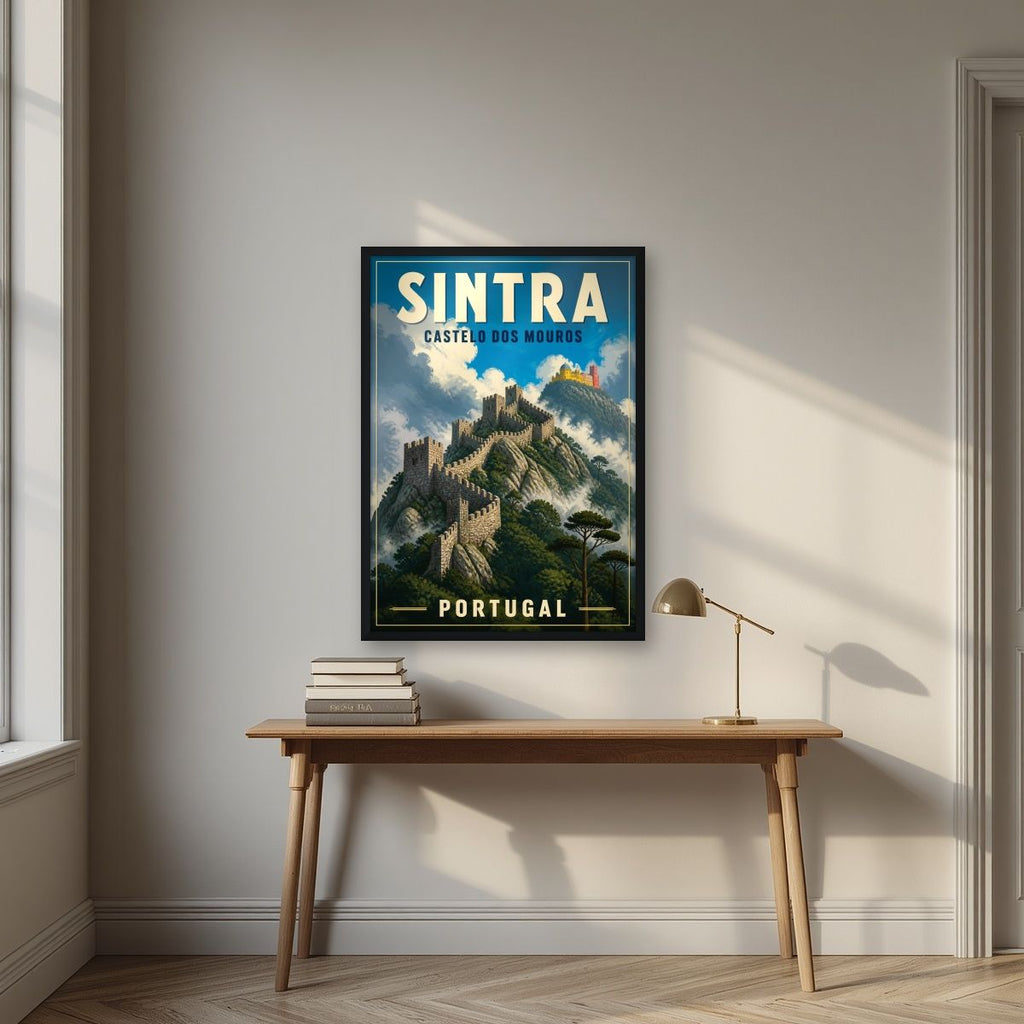 Castelo dos Mouros — Sintra art print, in a black frame, styled in a desk