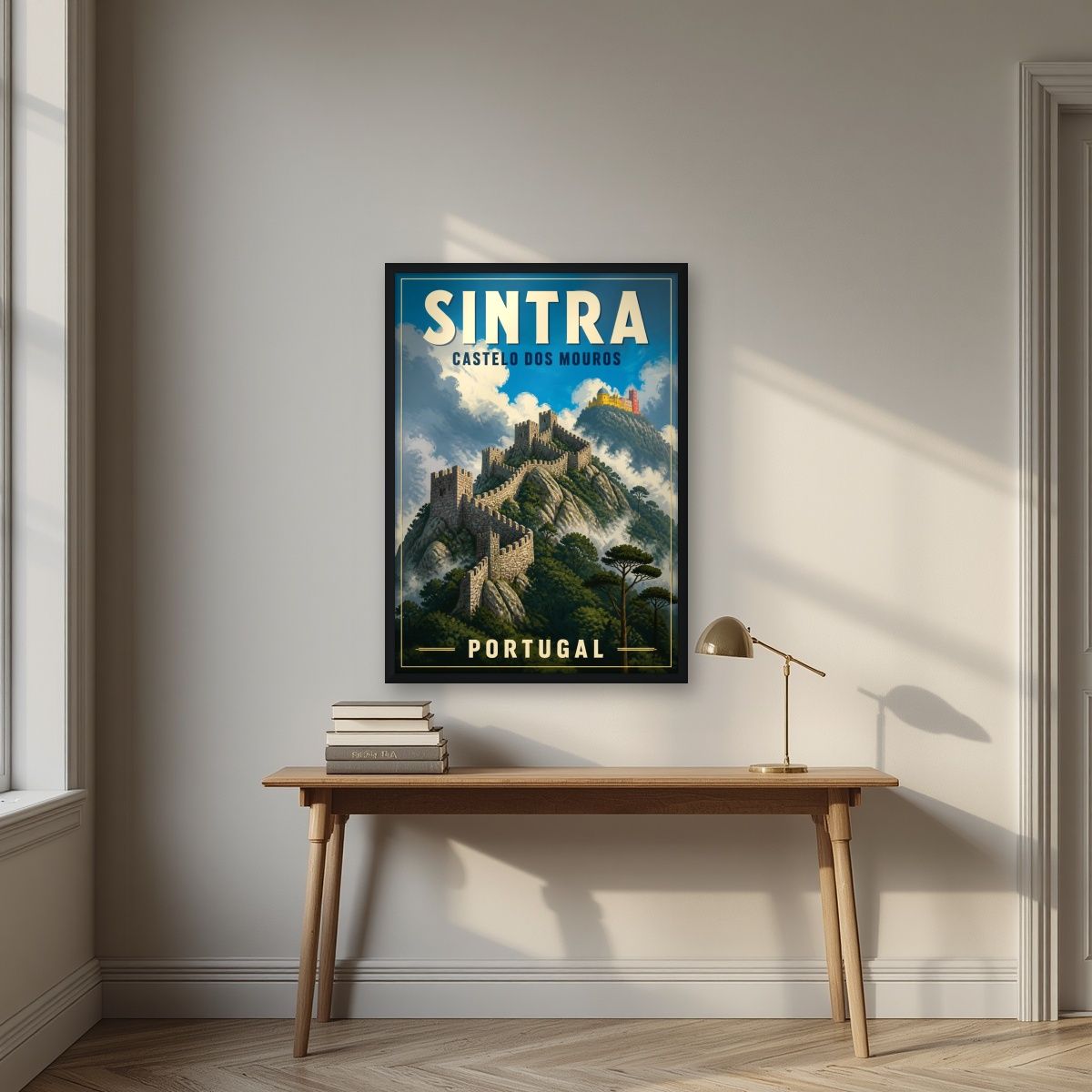 Castelo dos Mouros — Sintra art print, in a black frame, styled in a desk