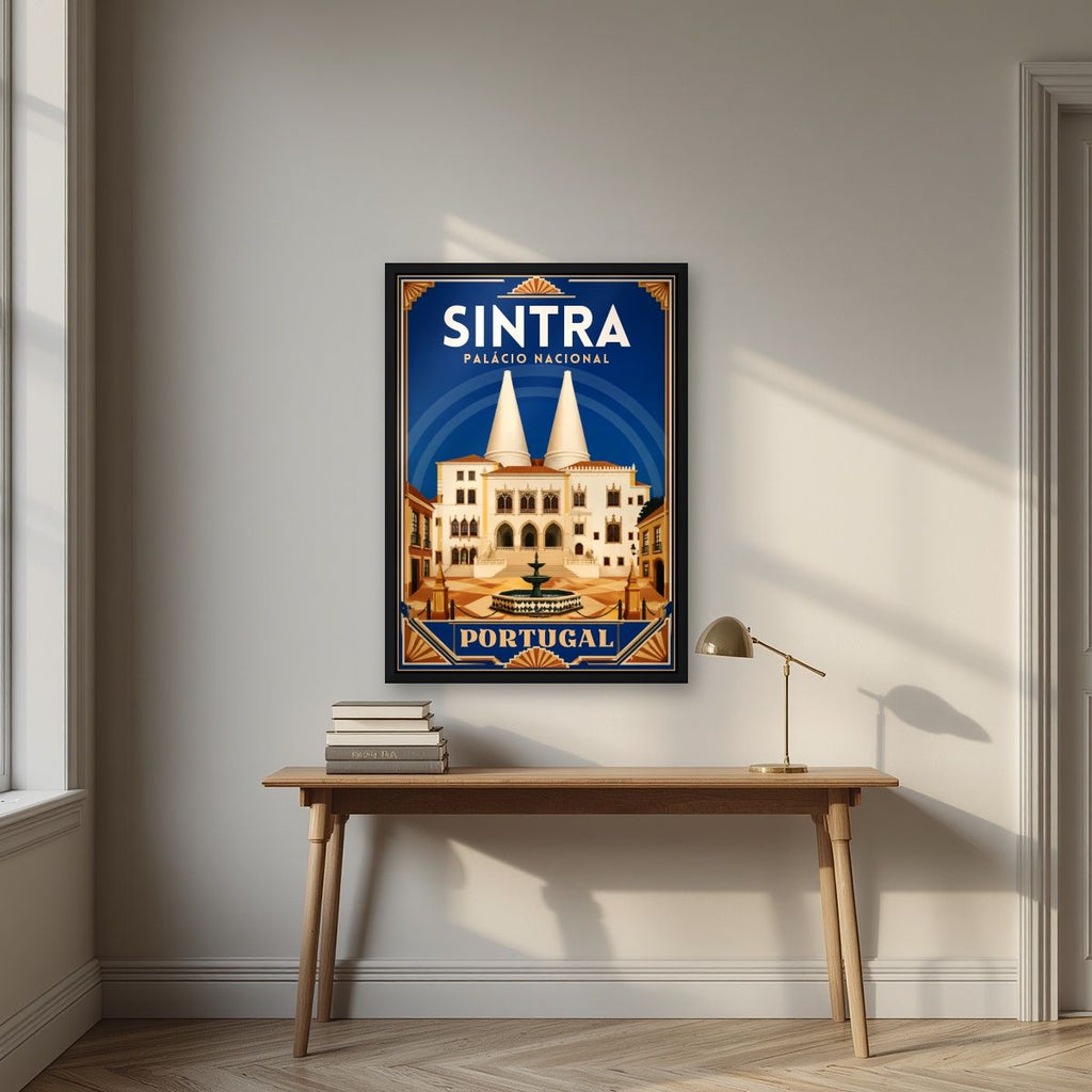 Chamines Reais — Sintra art print, in a black frame, styled in a desk