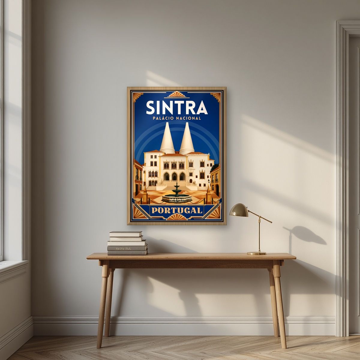 Chamines Reais — Sintra art print, in an oak frame, styled in a desk