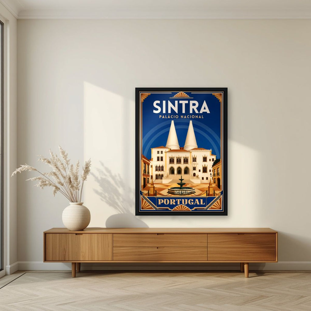 Chamines Reais — Sintra art print, in a black frame, styled in a living room