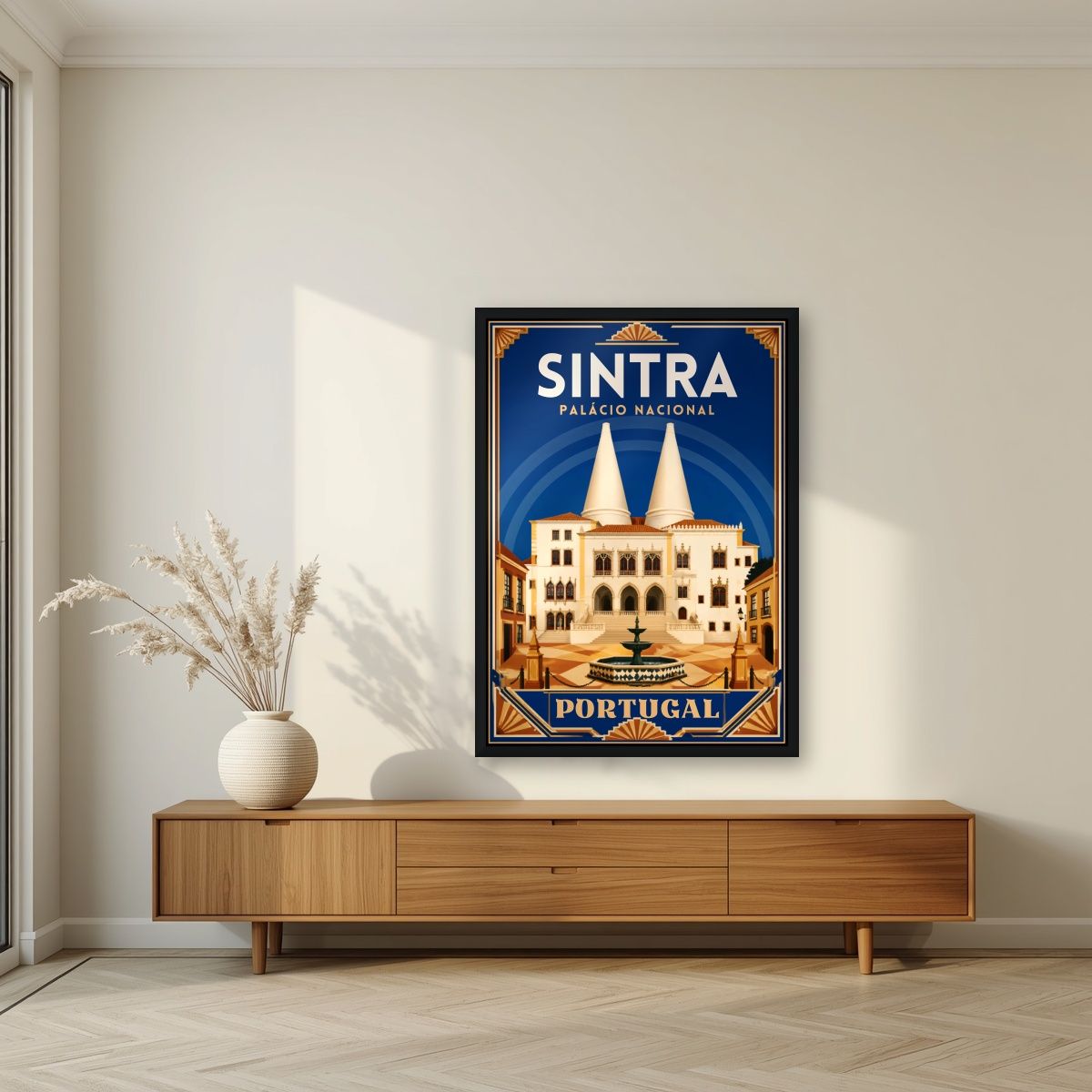 Chamines Reais — Sintra art print, in a black frame, styled in a living room