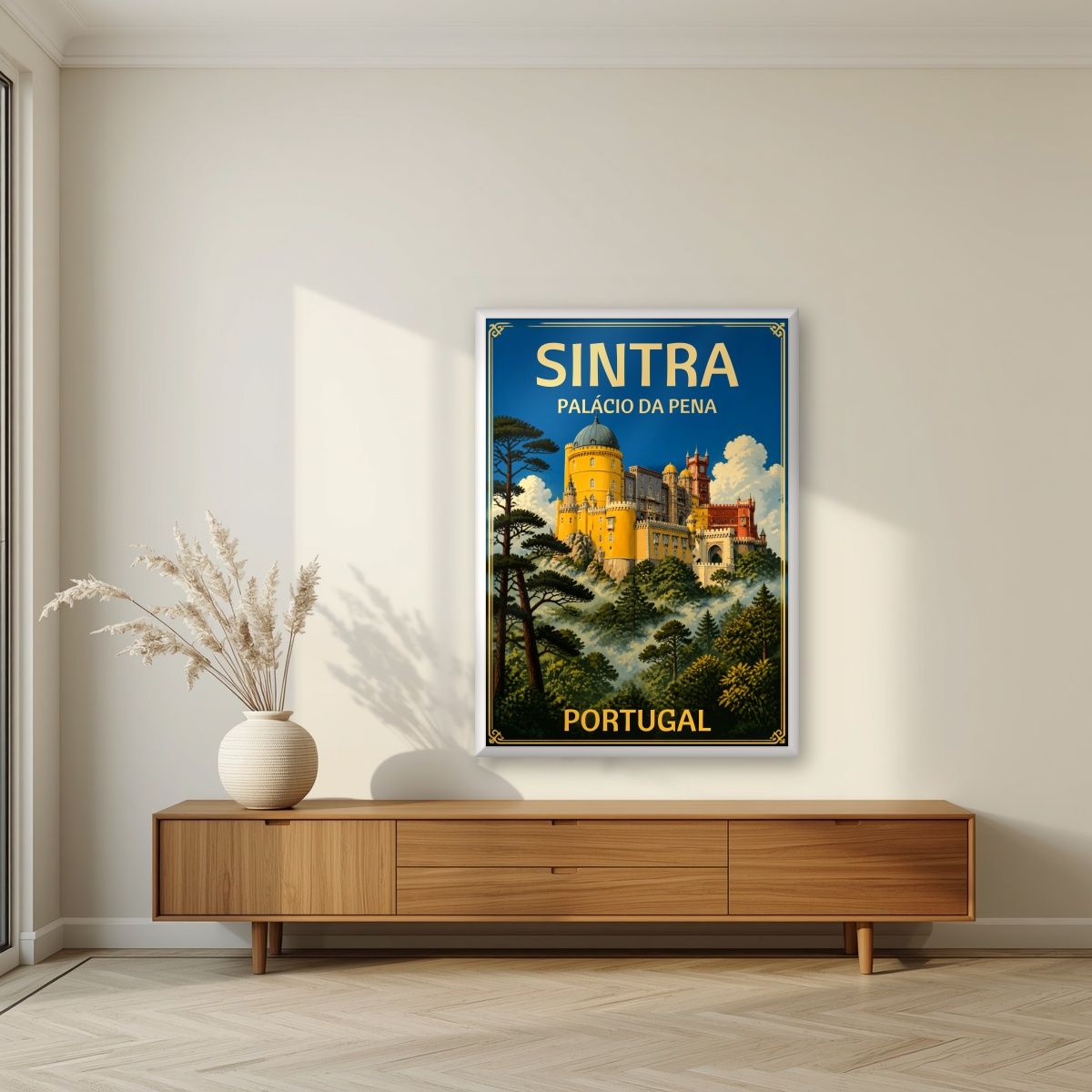 Palacio da Pena — Sintra art print, in a white frame, styled in a living room