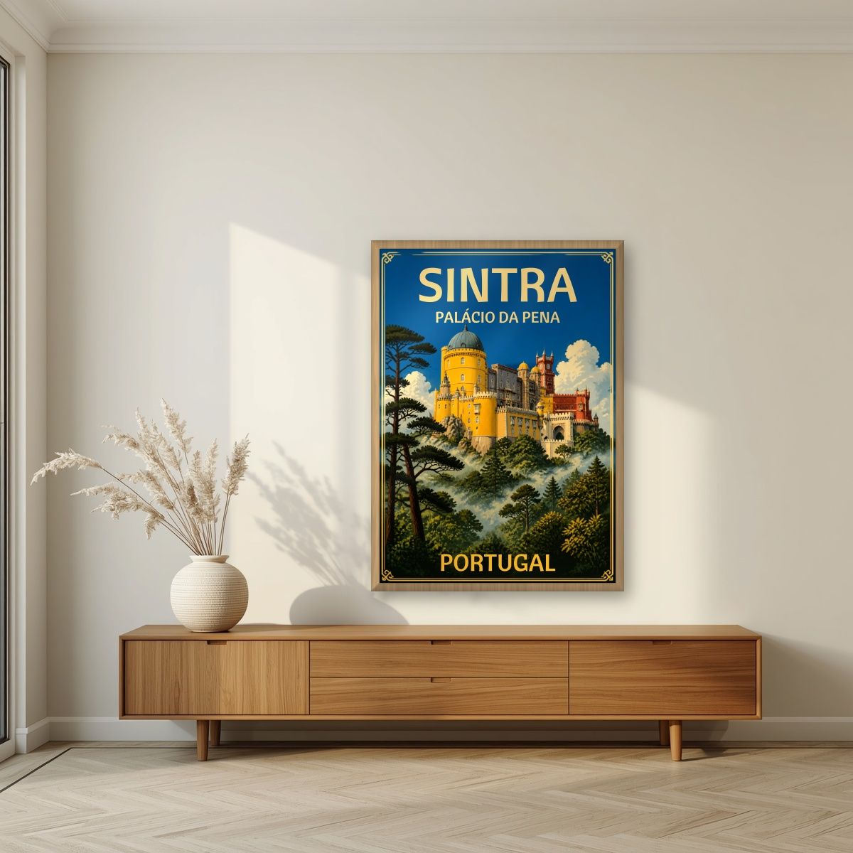 Palacio da Pena — Sintra art print, in an oak frame, styled in a living room