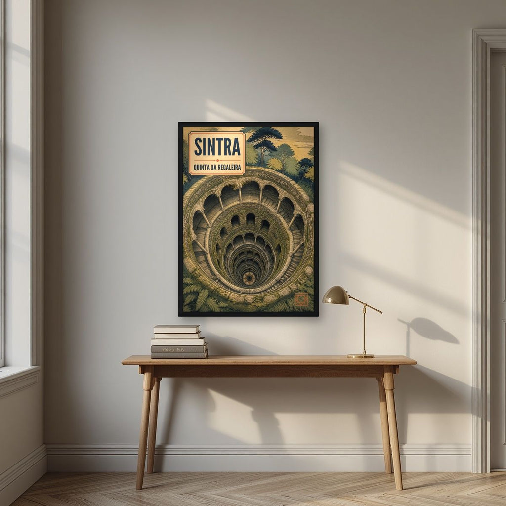 Poco Iniciatico — Sintra art print, in a black frame, styled in a desk