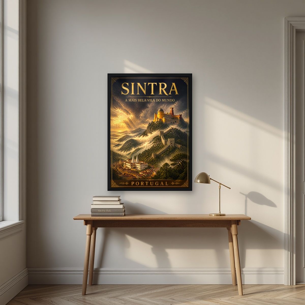 Serra Encantada — Sintra art print, in a black frame, styled in a desk