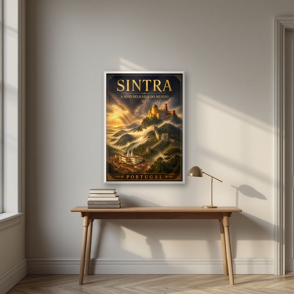 Serra Encantada — Sintra art print, in a white frame, styled in a desk