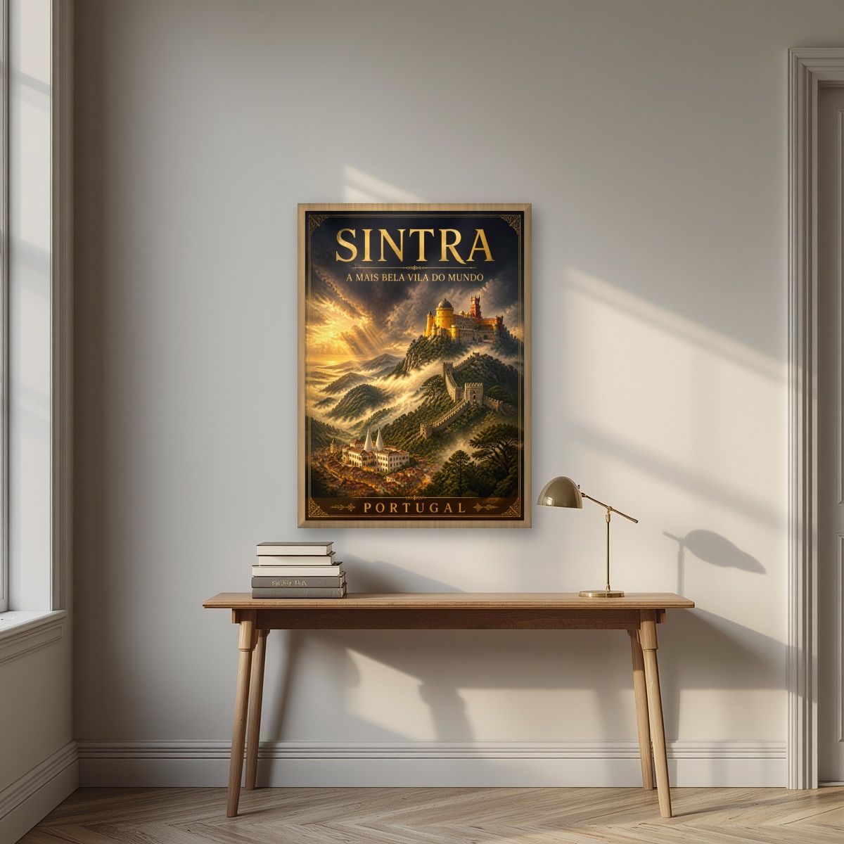 Serra Encantada — Sintra art print, in an oak frame, styled in a desk