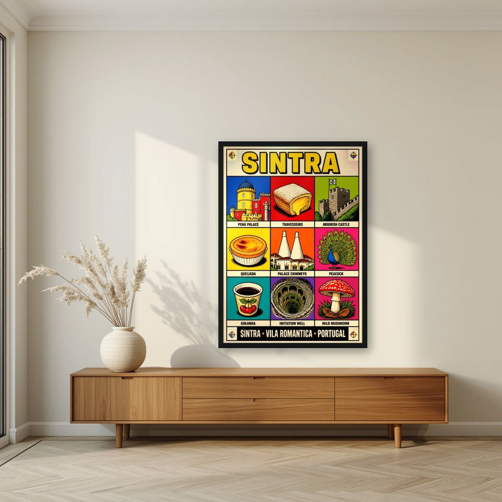 Vila Romantica — Sintra art print, in a black frame, styled in a living room