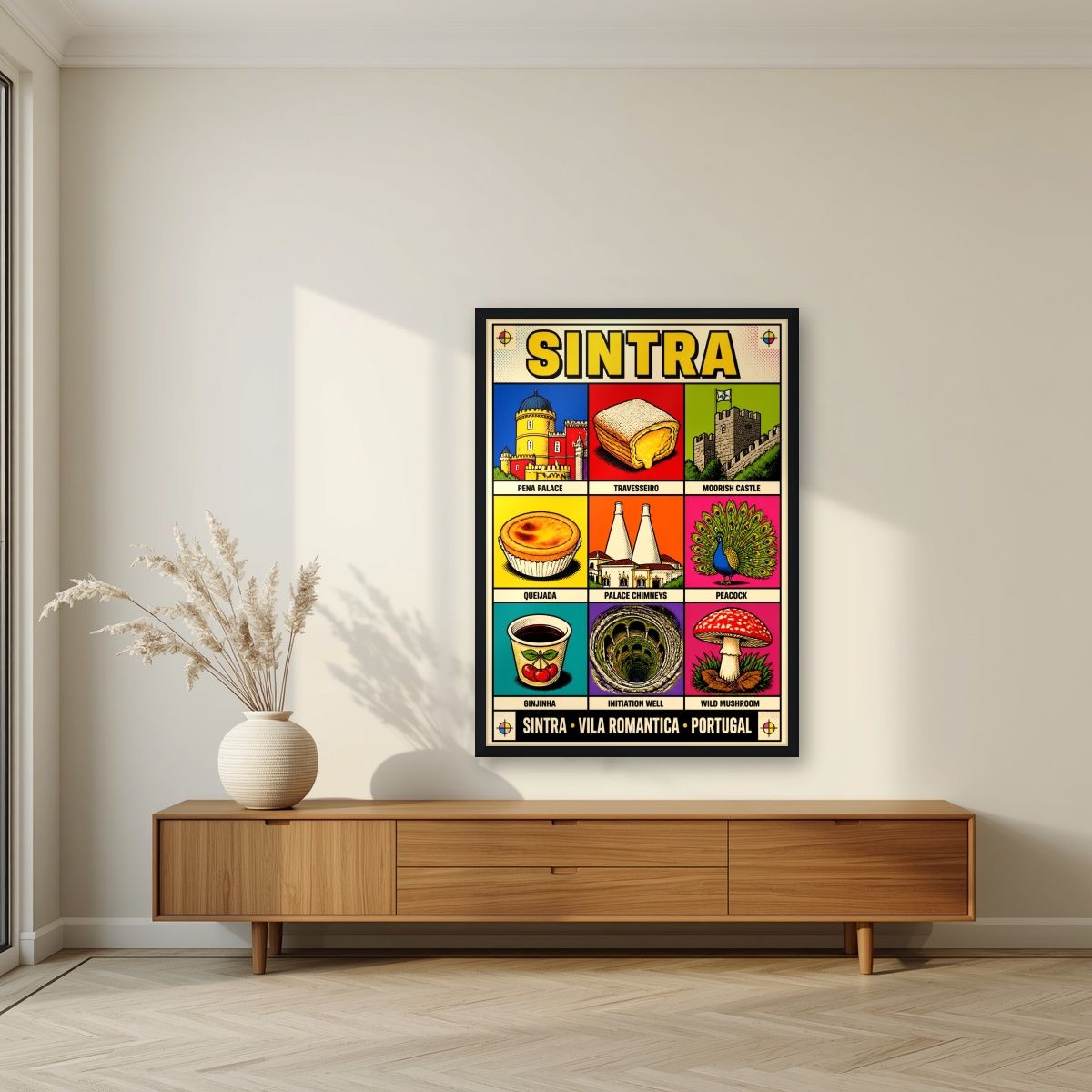 Vila Romantica — Sintra art print, in a black frame, styled in a living room