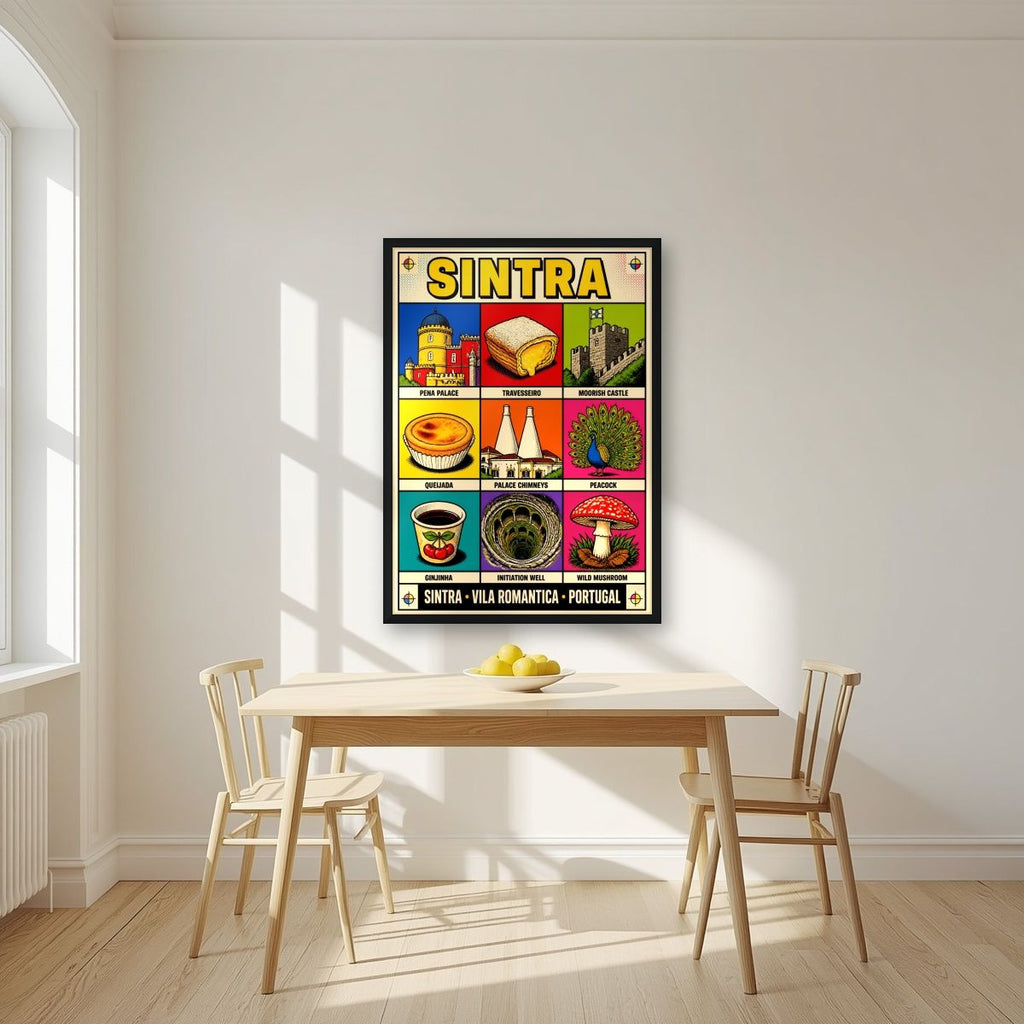 Vila Romantica — Sintra art print, in a black frame, styled in a kitchen