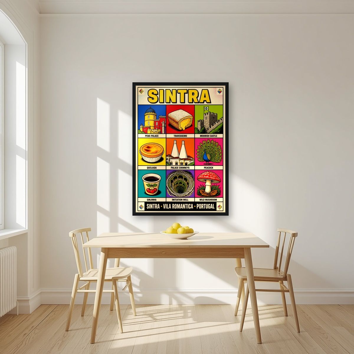 Vila Romantica — Sintra art print, in a black frame, styled in a kitchen