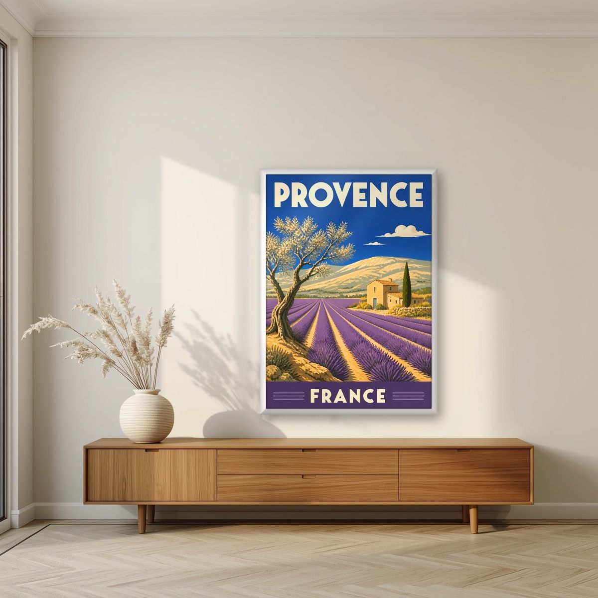 Champs de Lavande — Provence art print, in a white frame, styled in a living room
